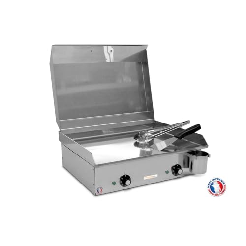PLANCHAELEC - Plancha Electrique NEO E530-2400W - Couvercle + 2 Ustensiles - Inox - Thermostat Réglable - 8 Personnes - Made In France - L53 X P43 X H18 cm