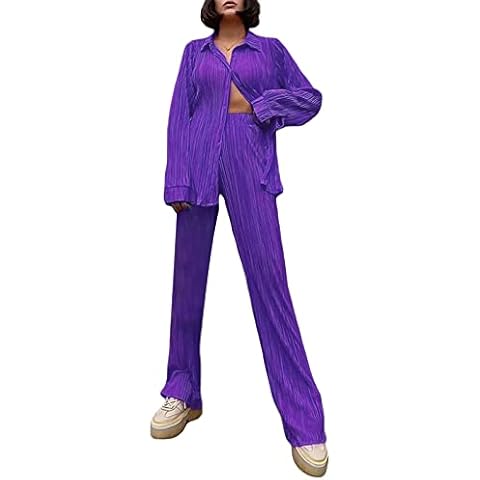 WPNAKS Women 2 Piece Plisse Outfit Matching Set Casual Long Sleeve Button Down Shirt Wide Leg Pants Jumpsuit Streetwear, 01 Purple Cover