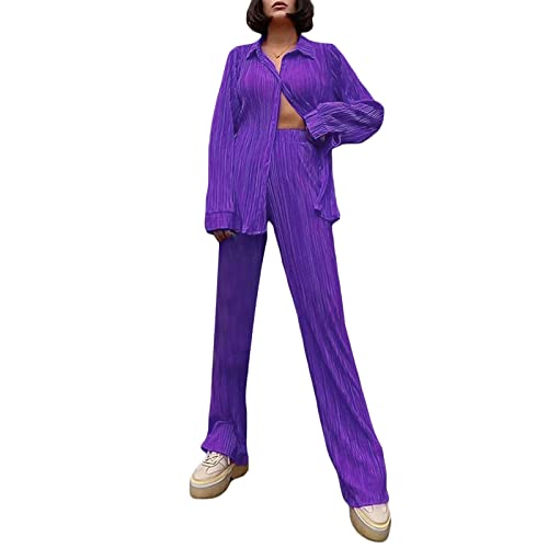 Women's 2 Piece Casual Outfits Long Sleeve Loose Fit Button Down Shirt Wide Leg Long Pants Loungewear Sets (Purple, S)