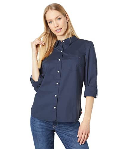 Tommy Hilfiger Women's Solid Button Collared Shirt With Adjustable Sleeves