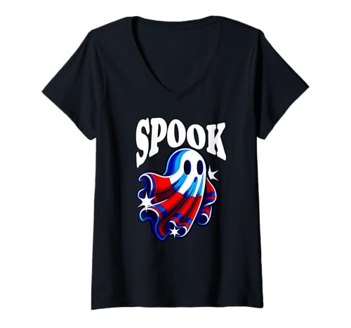 Womens Retro Spooky Ghost Halloween Fun Vibes Design V-Neck T-Shirt