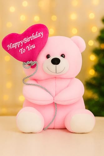 Image of ZEXSAZONE Happy Birthday Teddy Bear Soft Toy - Cute Pink Plush Teddy with Heart & Balloon | 24 cm for Kids, Girls, Boys, and Loved Ones