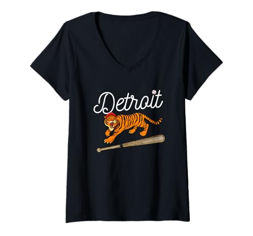 Womens Distressed Tiger Mascot Tshirt Funny Detroit Tiger Design V-Neck T-Shirt Small