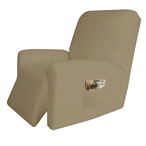 Image of Easy-Going 4 Pieces Microfiber Stretch Recliner Slipcover - Spandex Soft Fitted Sofa Couch Cover, Washable Furniture Protector with Elastic Bottom Kids,Pet (Recliner,Tan)