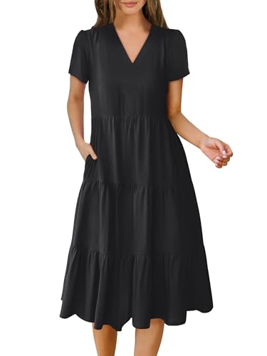 ANRABESS Women's Summer Casual Short Sleeve V Neck Midi Dresses 2025 Spring Flowy A-line Tiered T Shirts Boho Beach Dress Black Medium