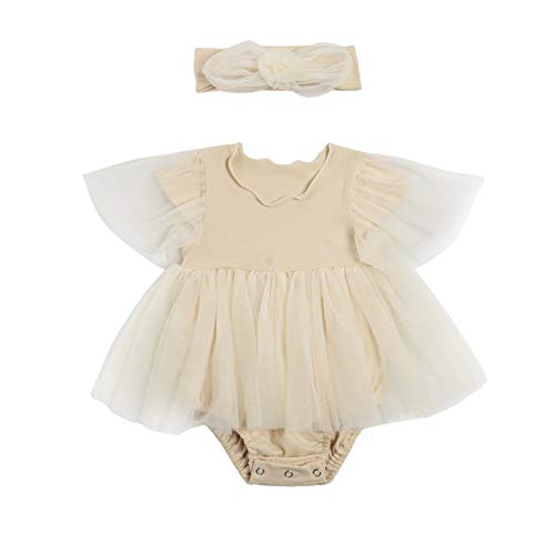 Toddler Baby Girl Summer Clothes Ruffle Short Sleeve Romper Tutu Dress Jumpsuit Bodysuit Birthday Outfits (Beige, 6-9 Months)