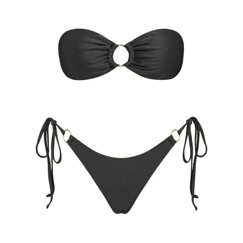 VOLAFA Women's Triangle Bikini Sets Bandeau O Ring Strapless Side Tie Thong Swimsuit Two Piece Bathing Suit (Small, Black) Cover