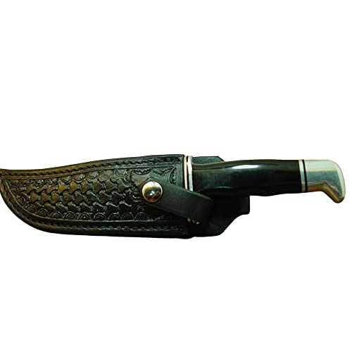 Custom Left-Hand Knife Sheath for The Buck 119 Dyed Black. Made with Authentic Buffalo Hide Leather and has Round Basket-Weave Tooling with Strap. Sheath ONLY!!!!