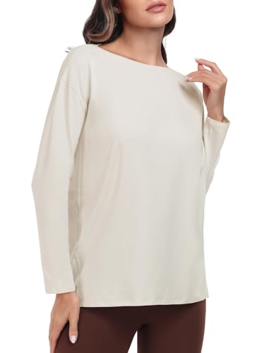 HeyNuts Women's Pima Cotton Long Sleeve Workout Shirts Boat Neck Athletic Loose Fit Soft Tops Fall Casual Shirts3