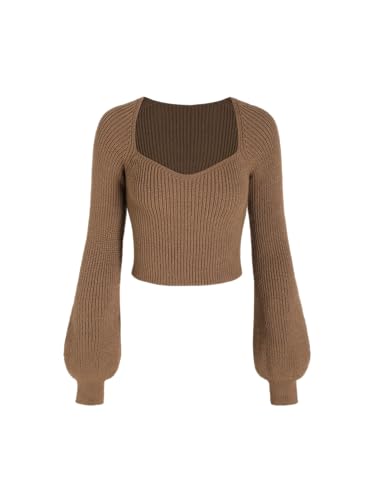 Image of CIDER Women's Crop Top Sweater Square V Neck Lantern Sleeve Cute Rib Knit Pullover