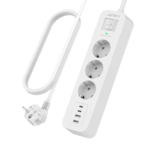 JSVER Steckdosenleiste Überspannungsschutz 3 Fach mit 2 Typ C und 2 USB A Ladeanschlüsse, Mehrfachsteckdose Wandmontage mit Schalte, 2M Kabel für Smartphones, Laptop, iPAD-Weiß