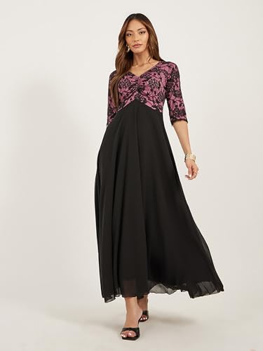 Image of Miss Chase Women's V-Neck Full Sleeve Self Design Lace-Overlaid Georgette Maxi Dress