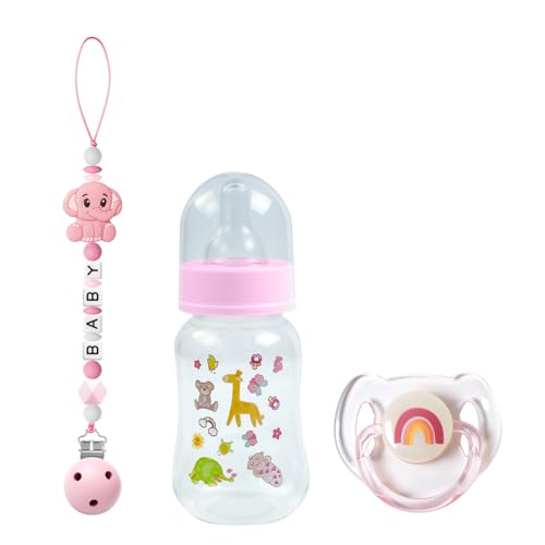 SCOM Reborn Baby Dolls Accessories Set - Rainbow Transparent Magnetic Pacifiers & Removable Reusable Baby Doll Bottles with Silicone Pacifier Clips for Reborn Dolls Girls Pink Style 3 Pcs