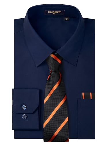 HISDERN Camisa Hombre Manga Larga y Corbata Azul Camisa Slim Fit Hombre Elegante Casual de Boda de Color Sólido Estilo de Negocios con Botones y Bolsillos Regular XL
