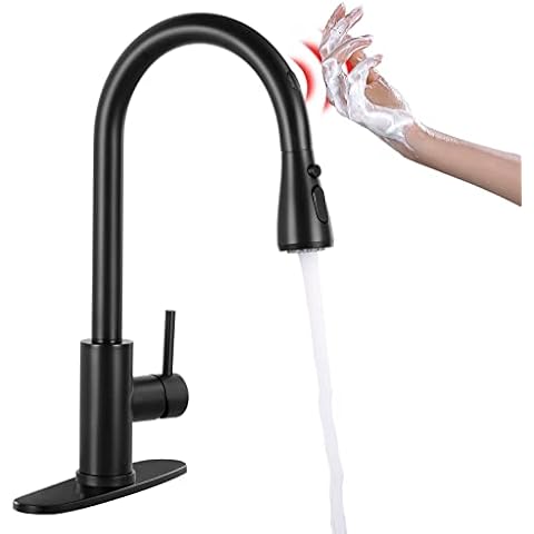 FGKQ Touchless Kitchen Faucet with Pull Down Sprayer, Matte Black High Arc Single Handle Single Hole Commercial Kitchen Sink Faucet with Deck Plate Cover