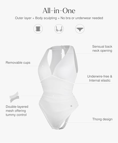 Popilush Bodysuits for Women Tummy Control Halter Tops V Neck Ruched Thong Shapewear Body Suits4