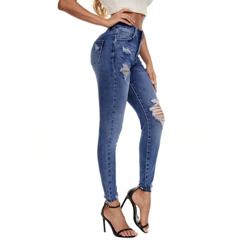 VIPONES Women Classic High Waisted Skinny Stretch Distressed Butt Lifting Jeans Slim Fit Denim Pants (1491,6)