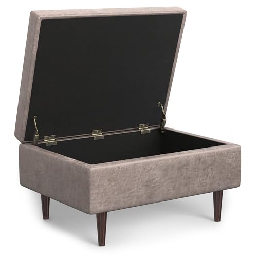 SIMPLIHOME Shay 34 inch Wide Mid Century Modern Small Rectangle Coffee Table Storage Ottoman in Distressed Grey Taupe Vegan Faux Leather, Assembled, for The Living Room and Entryway
