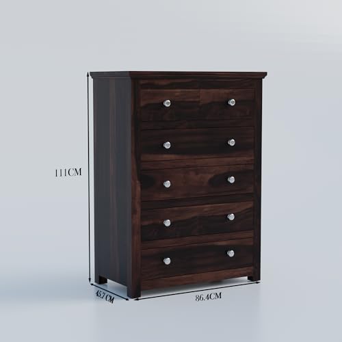 Image of Furniture Rustic Sheesham Wood Chest of Drawers with 5 Drawers -for Living Room Storage (Honey Finish)