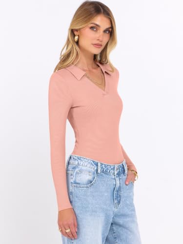 ANRABESS Women Long Sleeve Polo Shirts V Neck Slim Rib Knit Collared Dressy Business Casual Top 2026 Basic Tee Fall Outfits Orange M — view 6