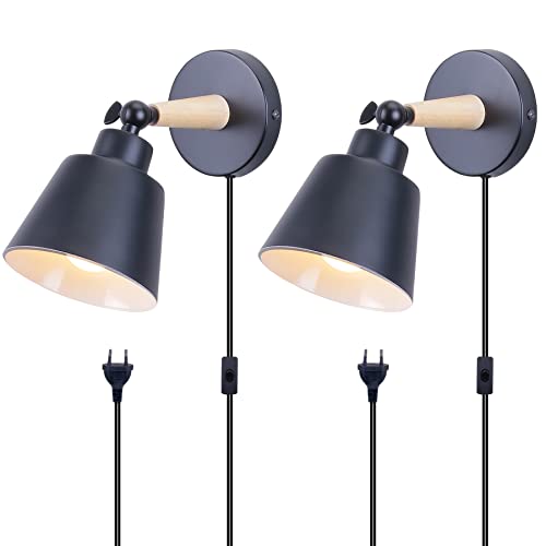 TOKIUS 2 Piezas Aplique de Pared Moderno, Lámparas de Pared para Dormitorio E27 Iluminación Interior Luz de Pared en Madera y Metal Ajustable Lámparas para Salón Pasillo (Negro, con Interruptor)