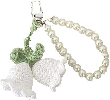 Pchnfei White Creative Pearl Chain Keyring With Knitted Flower Pendant Knitted Bell Orchid Keychain Charm Pearl Lanyard Key Chain Ornaments,Keyrings, Keychains Charms Accessories