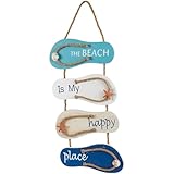 Juvale Wooden Flip Flop Beach Decor Sign - 8.7 x 20.9 in, Blue/White/Beige Coastal Wood - Nautical Decor with Seashells & Rope Hanger - Indoor/Outdoor Wall Accent for Bathroom, Bedroom & Living Room