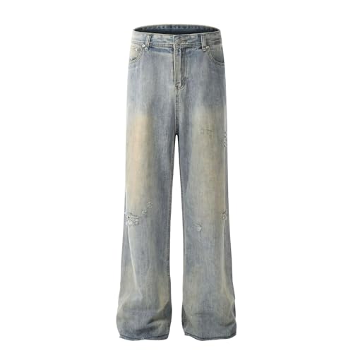 Jeans Pants Trouser Denim Washed Retro Street Trendy Ripped Straight Leg Casual for Men