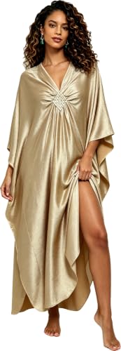 Image of RanRui Caftans for Women Solid Color Chiffon Plus Size Kaftan Dresses Beach Cover Up V Neck Batwing Sleeve Caftans Loungewear