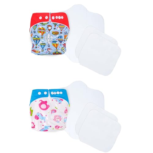 Image of Ambaby Cloth Diapers Combo Pack Quick Dry Comfort Gots Certified Free Size Button Adjustable, Washable, Reusable, Multilayered Cotton Pads And Boosters, Parachute And Animals Blue Printed - Pack Of 2