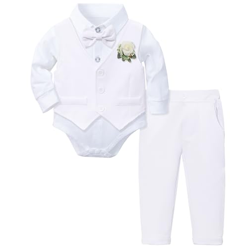 Rswnyirn Traje festivo para bebé, traje de caballero, pelele de manga larga, camisa de traje, chaleco con pantalones, ropa de bautizo para bebé, cumpleaños, fiesta, Blanco, 50 62