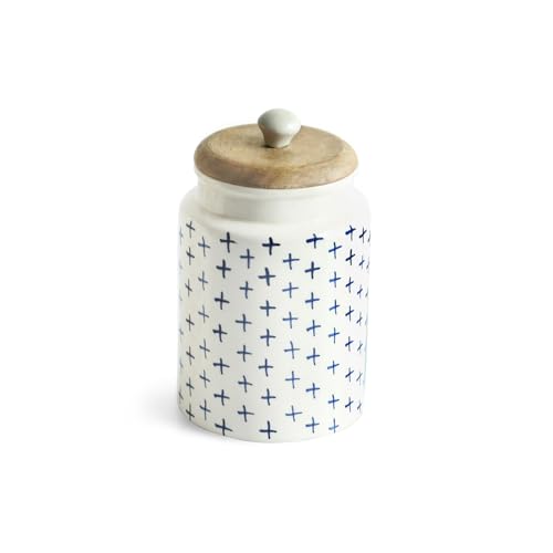 Image of ExclusiveLane 'StarMark' Multi-Utility Airtight Ceramic Jars For Kitchen Storage With Wooden Lid Ceramic Containers For Pickle Cookies Sugar Dry Fruits (Airtight, 670 ML, Hand-Painted, 18 Cm)