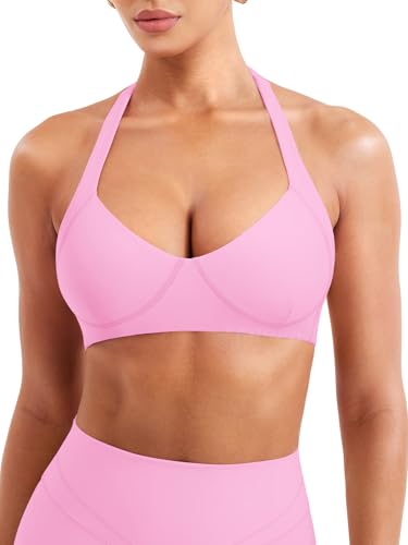Image of YEOREO Women Halter Sports Bra Light Support V Neck Padded Strappy Open Back Workout Gym Tops