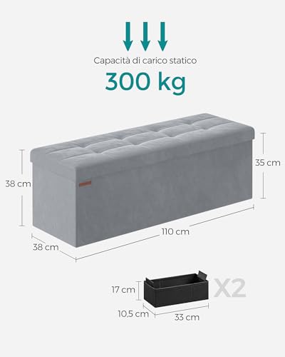 SONGMICS Cassapanca, Pouf Contenitore, Poggiapiedi Pieghevole da 38 x 110 x 38 cm, Ottomano, Regge fino a 300 kg, per Soggiorno, Camera da Letto, Entrata, Grigio Tortora LSF277G02 - Immagine 2