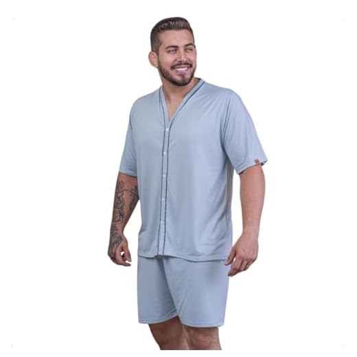 Pijama Masculino Aberto Com Botões Manga Curta Bermuda Verão (BR, Alfa, G, Regular, Regular, Cinza)