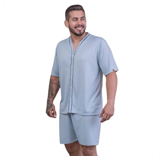 Pijama Masculino Aberto Com Botões Manga Curta Bermuda Verão (BR, Alfa, G, Regular, Regular, Cinza)