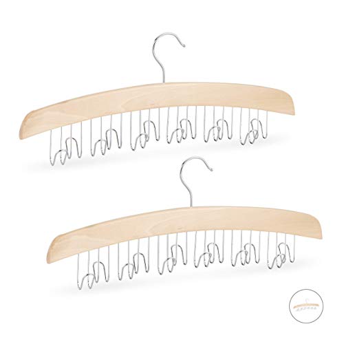 Relaxdays Set of 2 Tie & Belt Rack for the Closet Hanger for 12 Belts, Accessory Holder, Lotus Wood, HWD: 17x43x5 cm, Natural/Silver