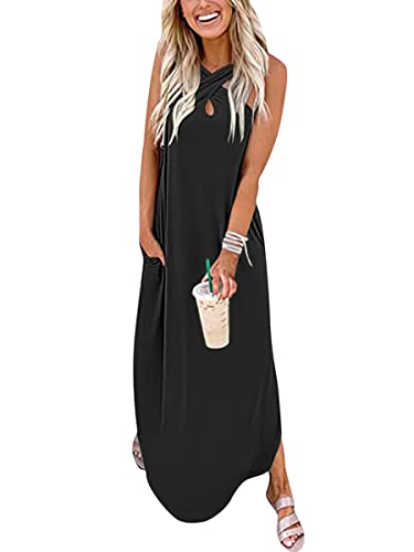 Minetom Kleid Damen Neckholder Sommerkleider Boho Kleid Halfter Ärmellos Blumenkleid Strandkleid Lang Kleider Maxikleid Cocktailkleid A Schwarz XL