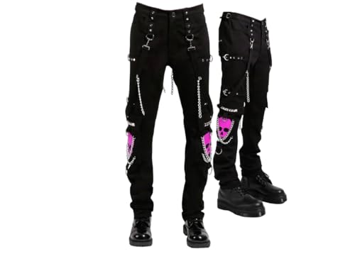 Unisex Slim Gothic Pant | Pink Super Skull Gothic Cyber Chain Goth Jeans Punk Rock Pants | Skull Gothic Pant
