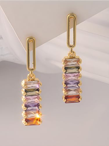 Colorful Zircon Dangle Earrings for Women18K Gold Plated Geometric Square Rainbow Sparkling Crystal S925 Sterling Silver Posts Hypoallergenic Dainty Multicolour Gemstone Drop Earrings4