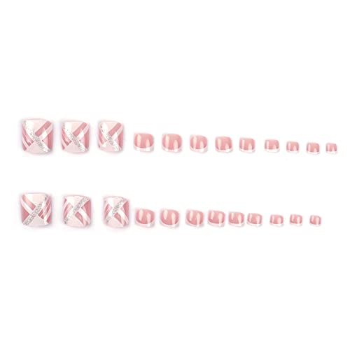 Press On Toenails Square Short Full Cover Fake Toenails 24Pcs Glitter Geometric Pink Toe Nails Fake Nails With Glue Sticker And Nails File False Gel Toes Nails Tips Sets For Women Teens Girls #TOP4