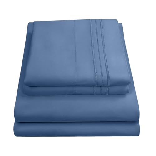 Queen Size Bed Sheets - Breathable Luxury Sheets with Full Elastic & Secure Corner Straps Built In - 1800 Supreme Collection Extra Soft Deep Pocket Bedding Set, Sheet Set, Queen, Denim