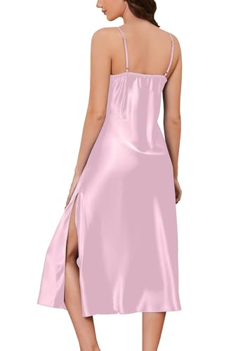 Image of ALCEA ROSEA Women Silk Satin Nightgown Sexy Lace Chemise Lingerie Long Sleepdress for Ladies Sleepwear Slip Negligee