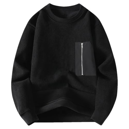 Men’S Knit Pullover Sweater Zipper Pocket Design Round Neck Long Sleeve Slip-On Casual Striped Knitted Jumper Tops