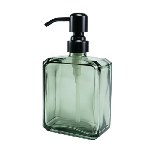 Image of Green Soap Dispenser Glass Rectangular, Black Pump, 13.5 oz | Rust Proof Stainless Steel Pump, Refillable, Hand Soap, Liquild Soap, Dish Soap, Bathroom, Kitchen