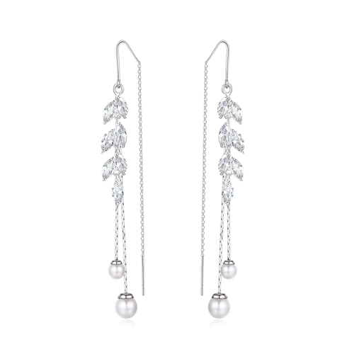 Long Pearl Dangle Earrings with Cubic Zirconia Hook Threader Earrings for Bride Bridesmaid Wedding Prom