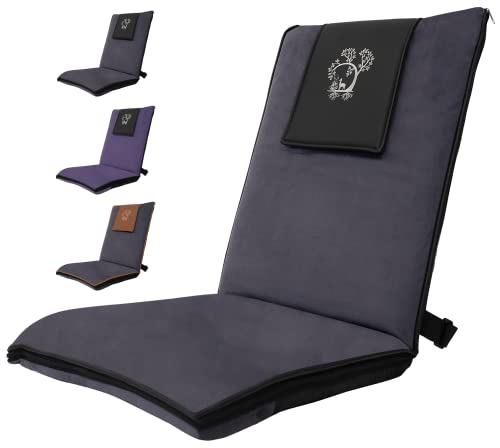 Monk & Llama Floor Chair with Back Support for Meditation and Gaming â€”Padded Vegan Leather Chair with Reclining Folding Backrest(Grey/Black)
