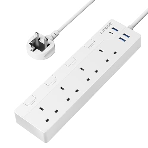 AICODE 4-Way Extension Lead With USB Slots, Surge Protected, 1.5M Extension Cable, Individual Switches, 1 USB C & 3 USB A Ports, Multi Plug Adapter Socket, Wall Mount for Home, Office White