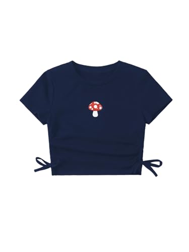 Image of SHENHE Girl's Mushroom Print Short Sleev Crop Tops Ruched Drawstring Tee T Shirts