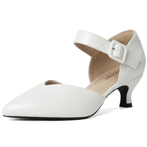 Image of RIBONGZ Comfortable Kitten Heels for Women Pointed Closed Toe Ankle Strap Buckle Heels Slip on Low Heel Church Pumps Wedding Bridal Party Dressy Shoes